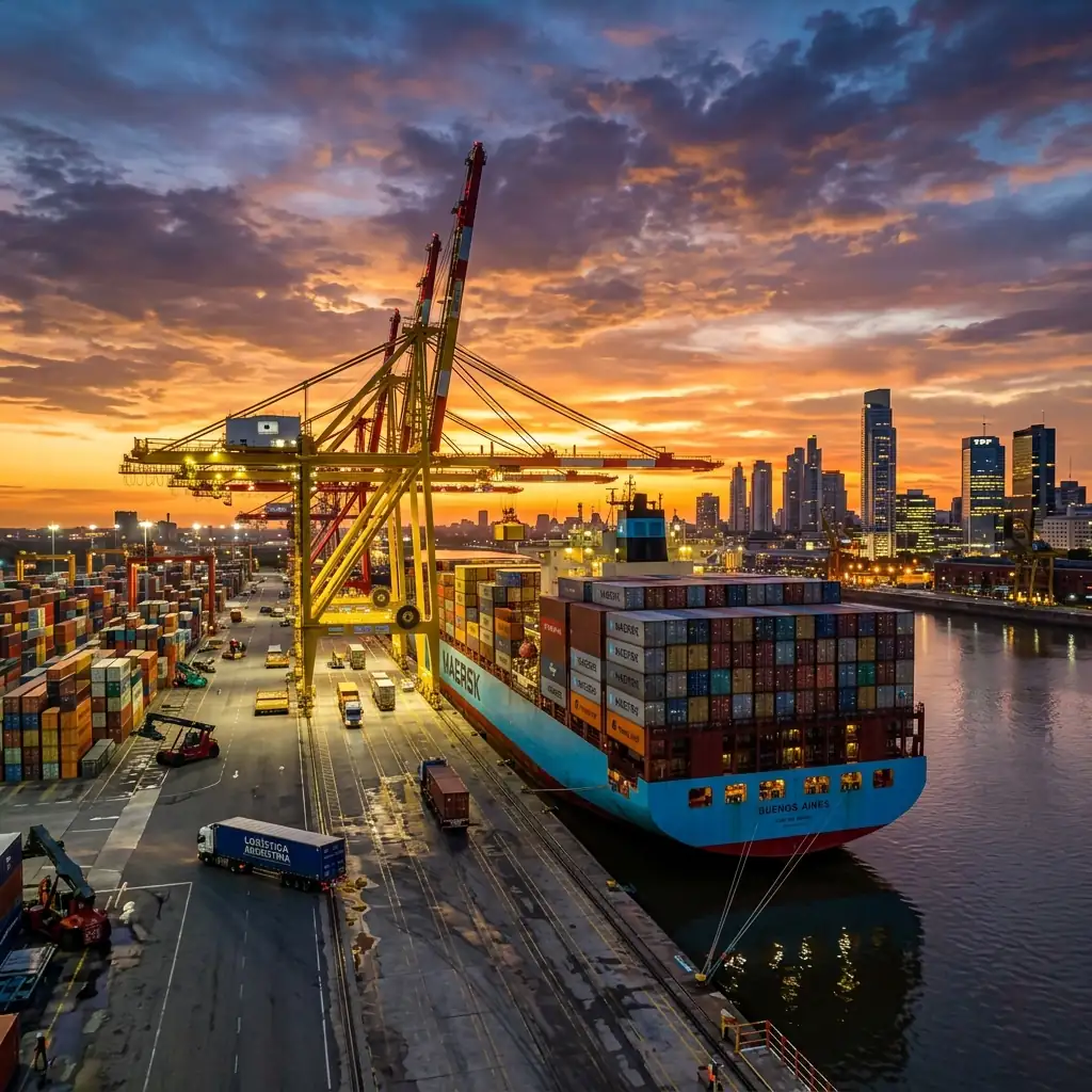 Una imagen cinematográfica del puerto de Buenos Aires al atardecer, simbolizando el comercio global y la logística a gran escala.